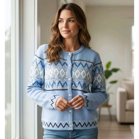 Loft Women's Sequin Fair Isle Cardigan Sweater Blue Shimmery Winter Holidays XXL - Picture 1 of 15